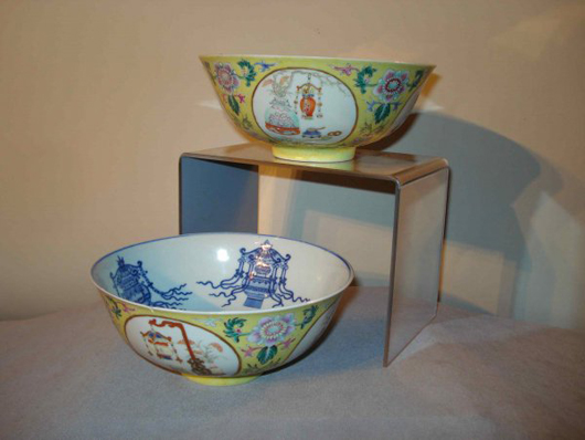 Pair of glazed, decorated matching bowls, $2,645